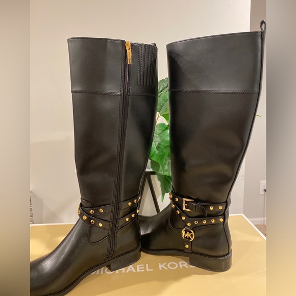 NEW Michael Kors Women Knee High Boots Preston Size US 7M Black Leather & Gold - Picture 5 of 7